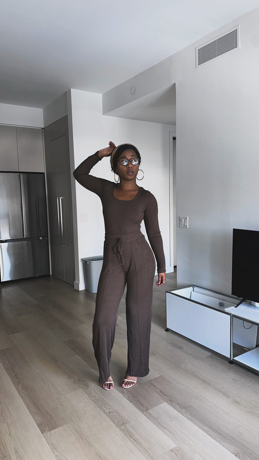 Long Sleeve Ribbed Bodysuit And Pants Set