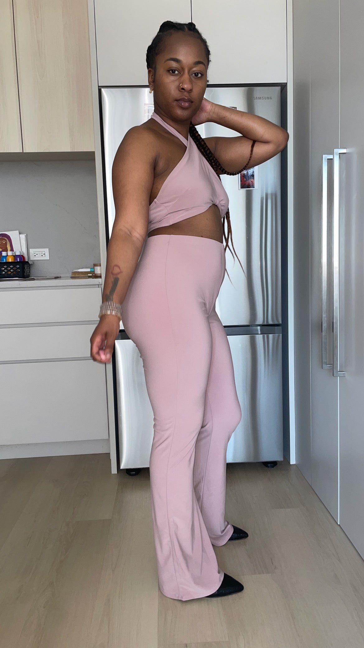 Solid Halter Top And Elastic Leggings Set
