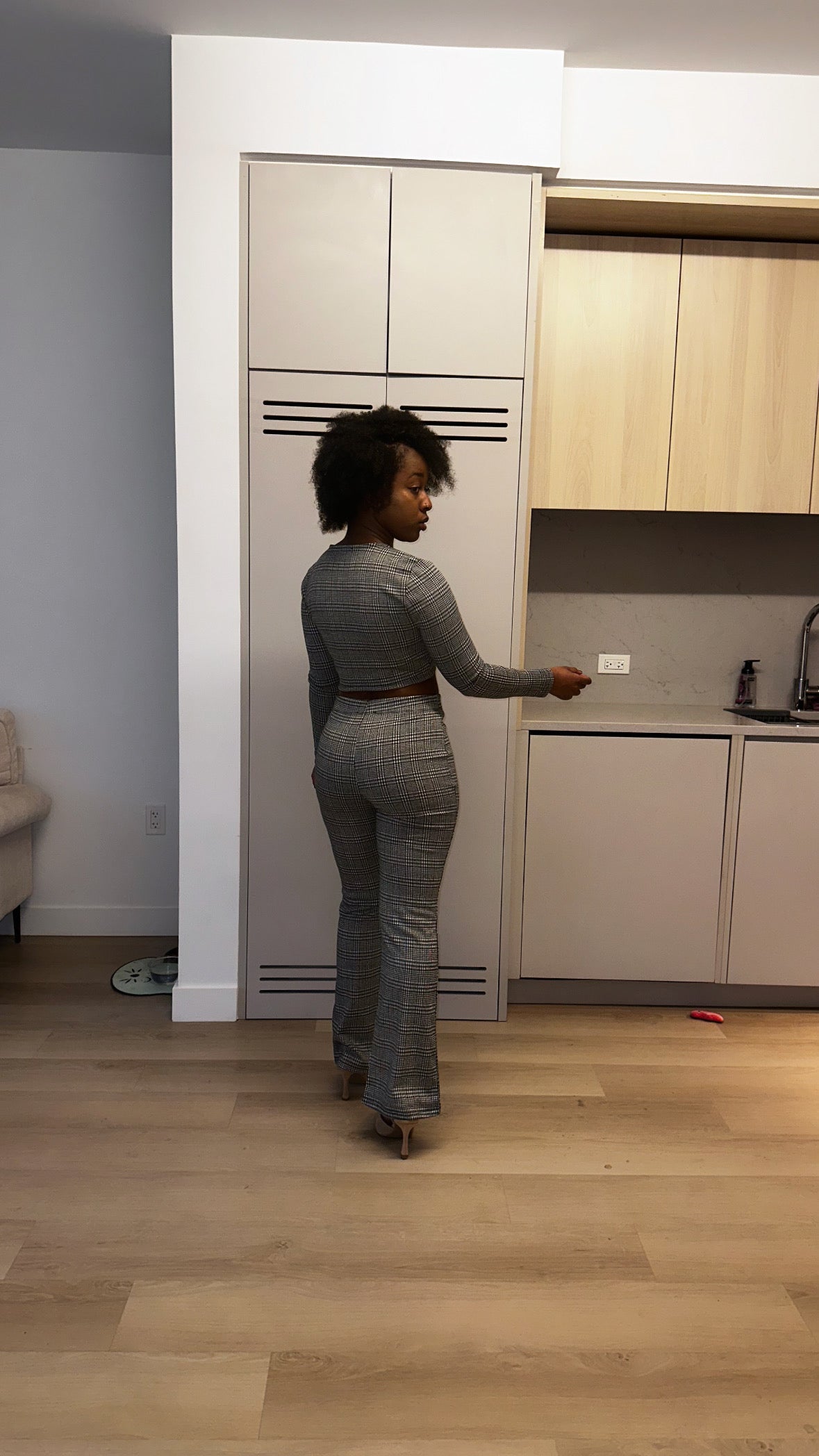 Plaid Cut-out Long Sleeve Top & Pants Set