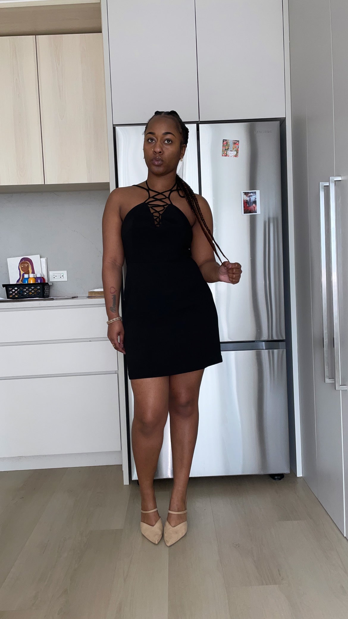 Black Slim Fit Sleeveless V-neck Front Corset Inspired Tie-up Detail Cocktail Mini Dress