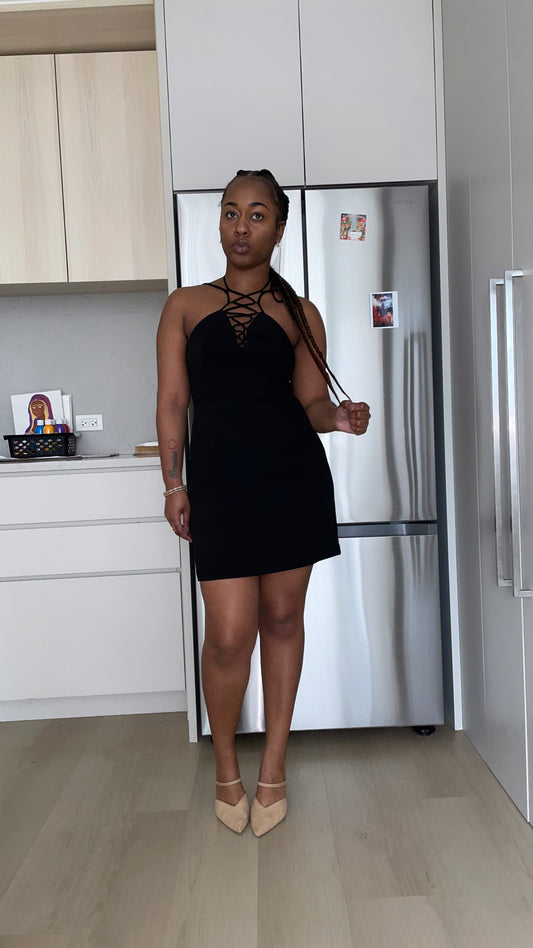 Black Slim Fit Sleeveless V-neck Front Corset Inspired Tie-up Detail Cocktail Mini Dress