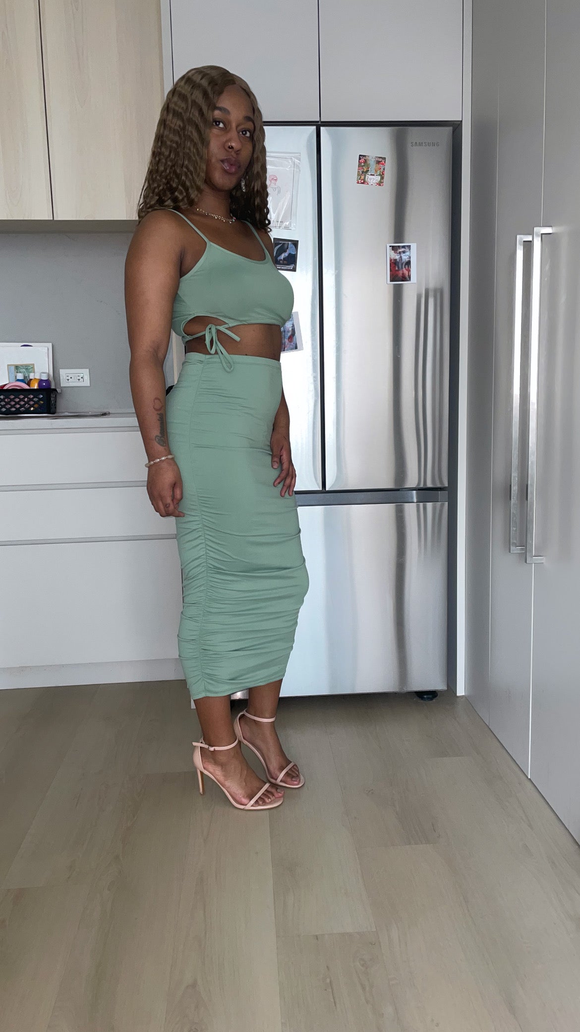 Cut-out Tie Side Crop Top & Ruched Midi Skirt Set
