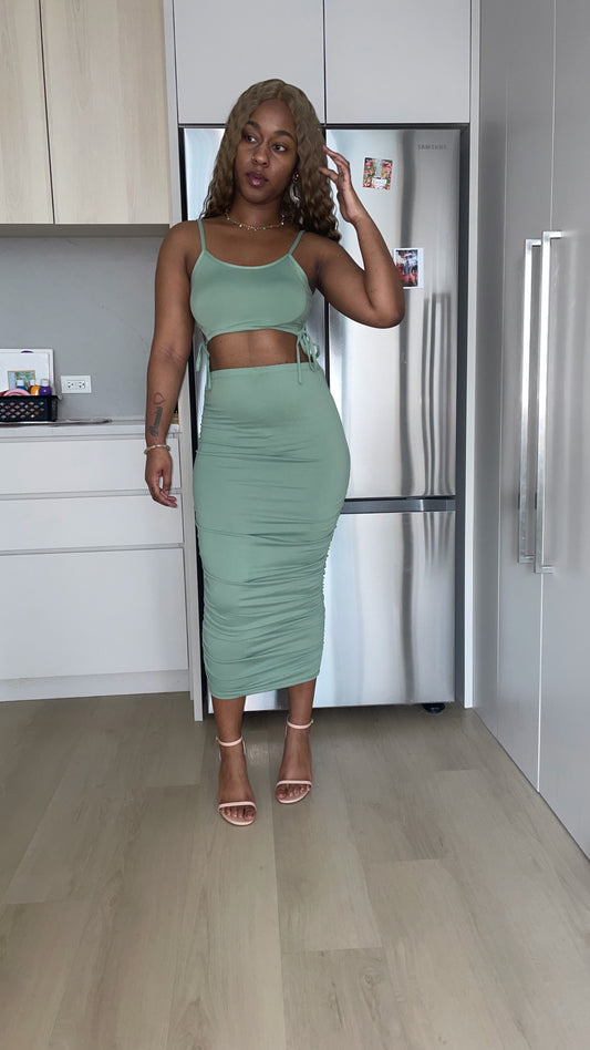 Cut-out Tie Side Crop Top & Ruched Midi Skirt Set