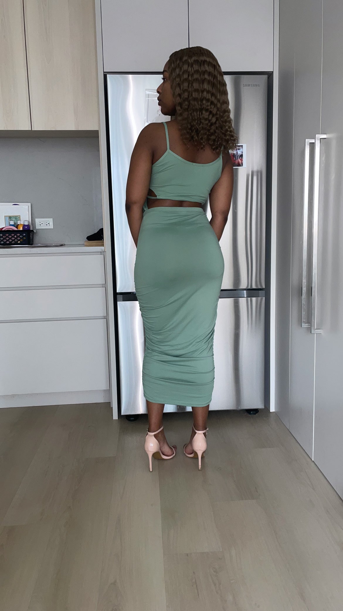 Cut-out Tie Side Crop Top & Ruched Midi Skirt Set