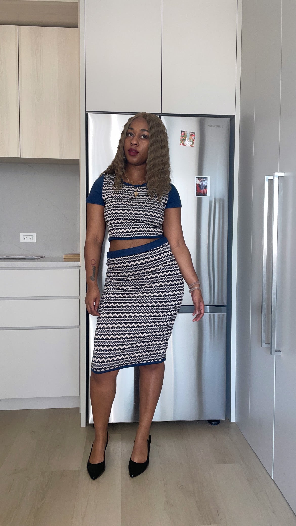 Navy & White Geometrical Pattern Short Sleeve Crop Top & High-waisted Pencil Skirt Two Piece Set