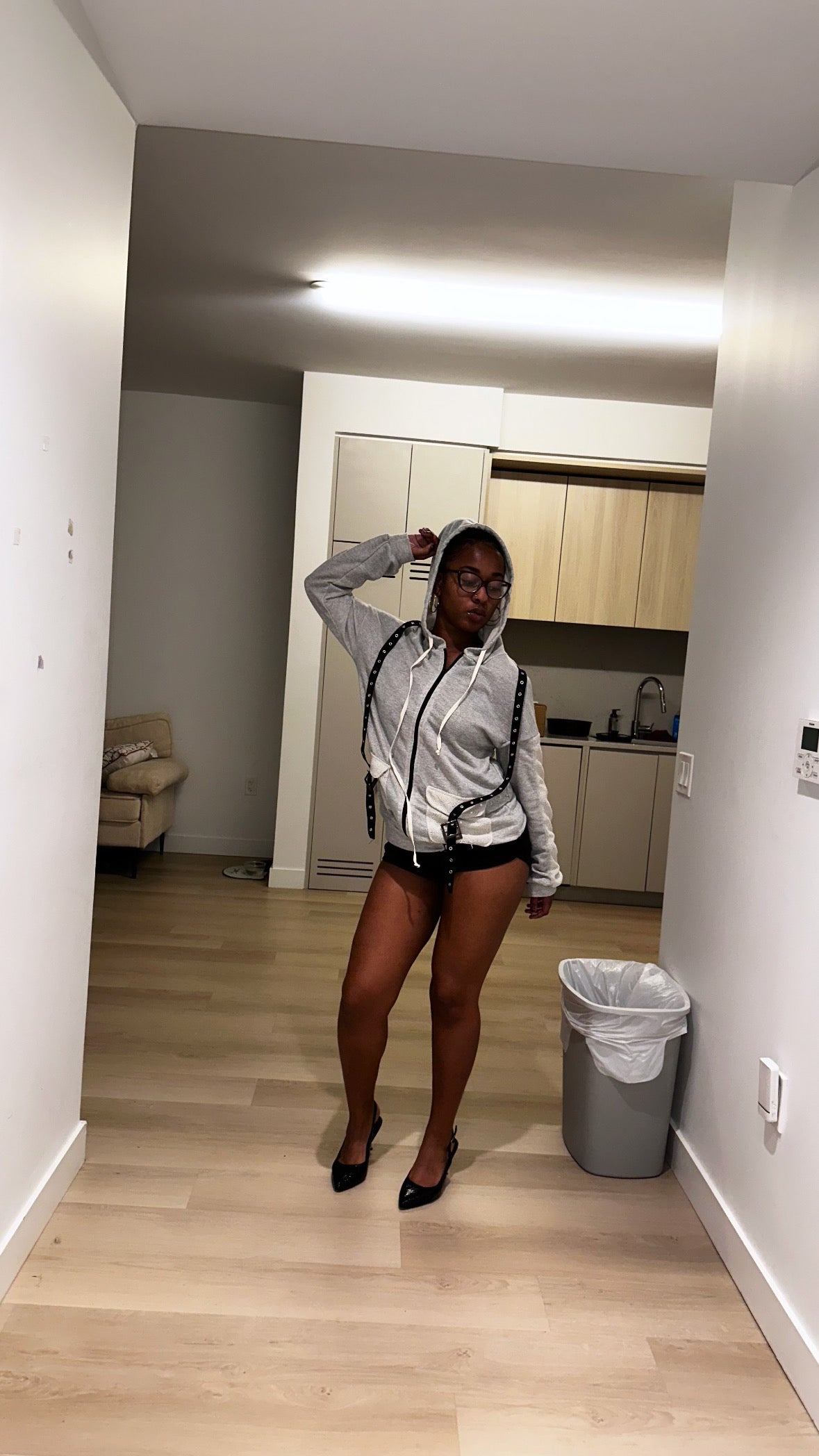 Belt & Reversed Details Zip-up Hooded Sweater