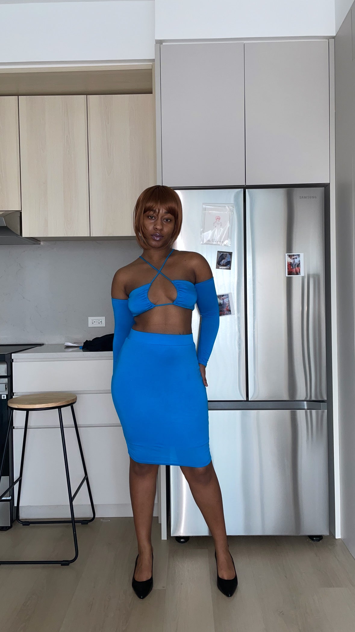 Solid Rayon Spandex Spaghetti Strap Halter Neck Off The Shoulder Top And Skirt 2 Piece Set