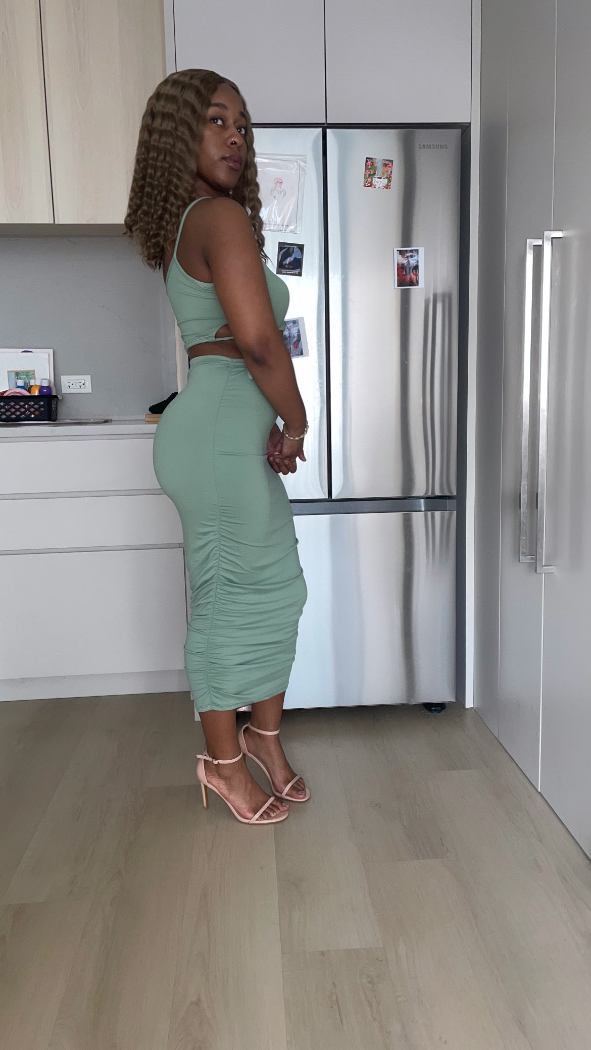 Cut-out Tie Side Crop Top & Ruched Midi Skirt Set