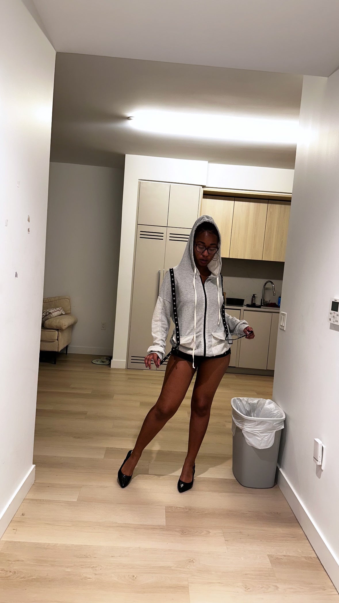 Belt & Reversed Details Zip-up Hooded Sweater