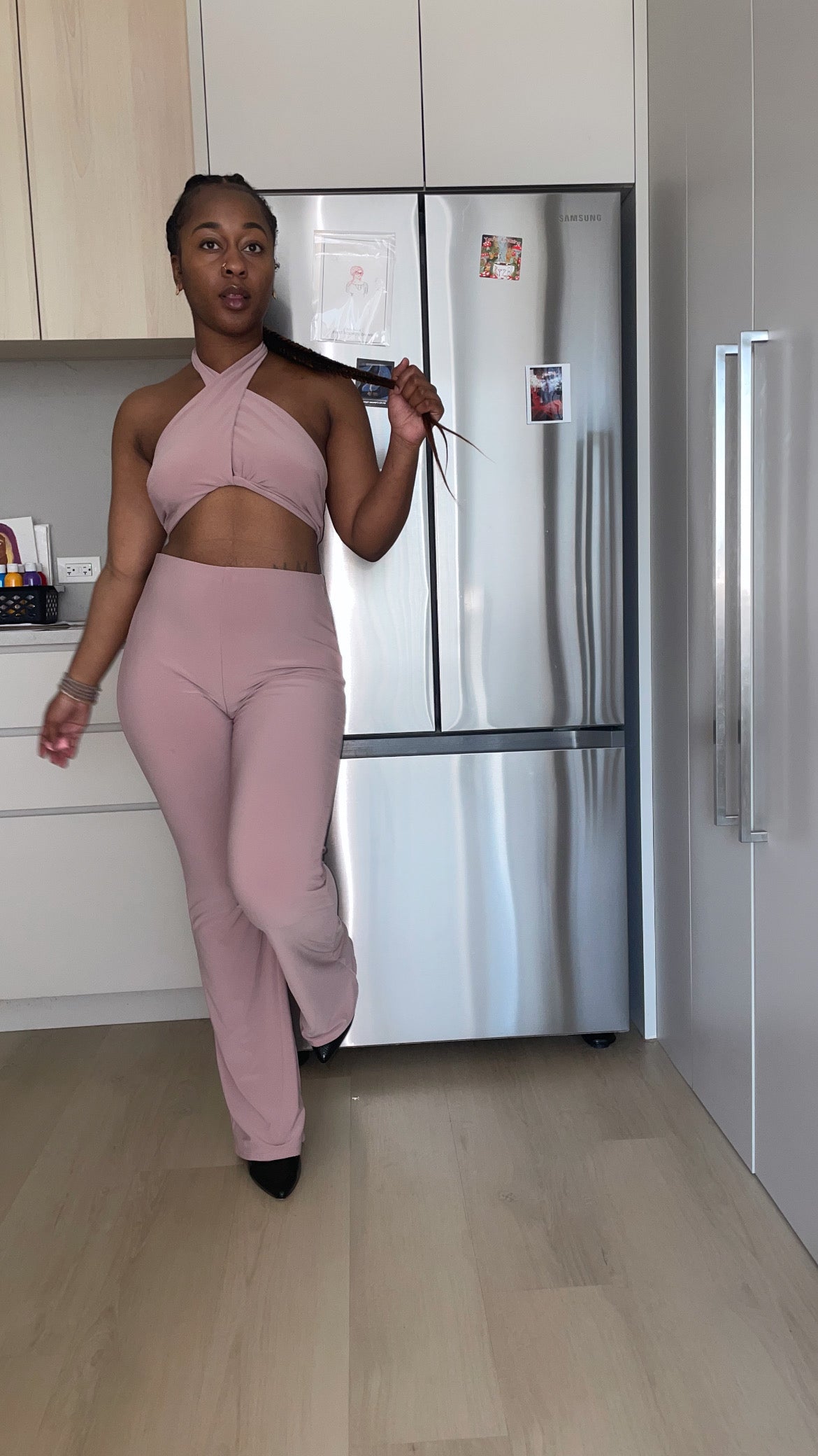 Solid Halter Top And Elastic Leggings Set