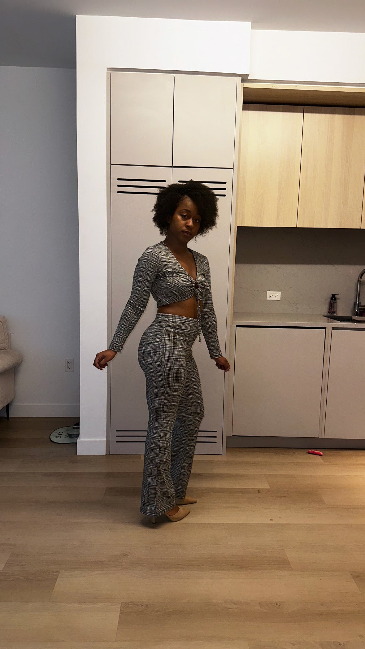 Plaid Cut-out Long Sleeve Top & Pants Set