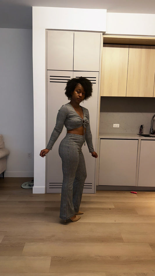 Plaid Cut-out Long Sleeve Top & Pants Set