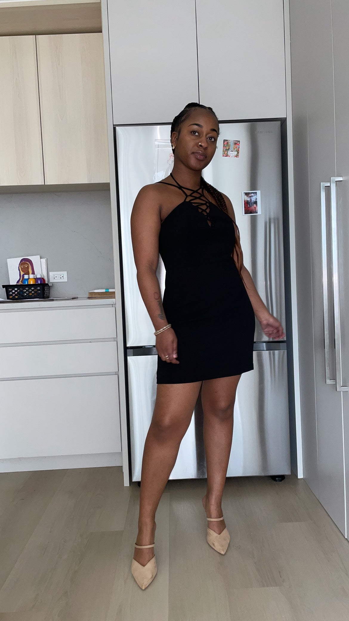 Black Slim Fit Sleeveless V-neck Front Corset Inspired Tie-up Detail Cocktail Mini Dress