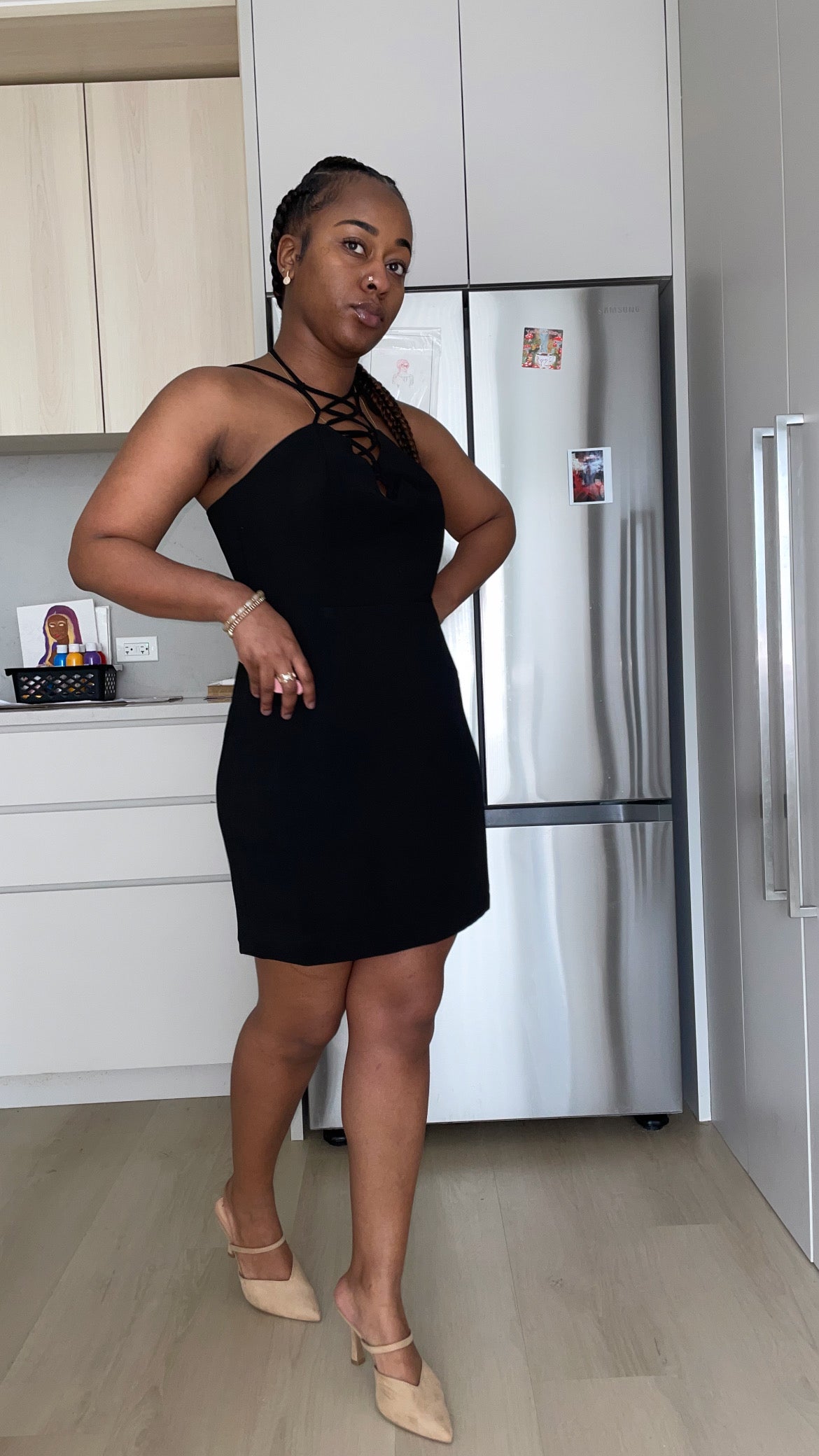 Black Slim Fit Sleeveless V-neck Front Corset Inspired Tie-up Detail Cocktail Mini Dress