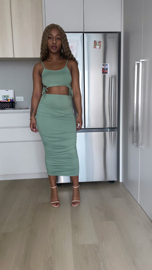 Cut-out Tie Side Crop Top & Ruched Midi Skirt Set