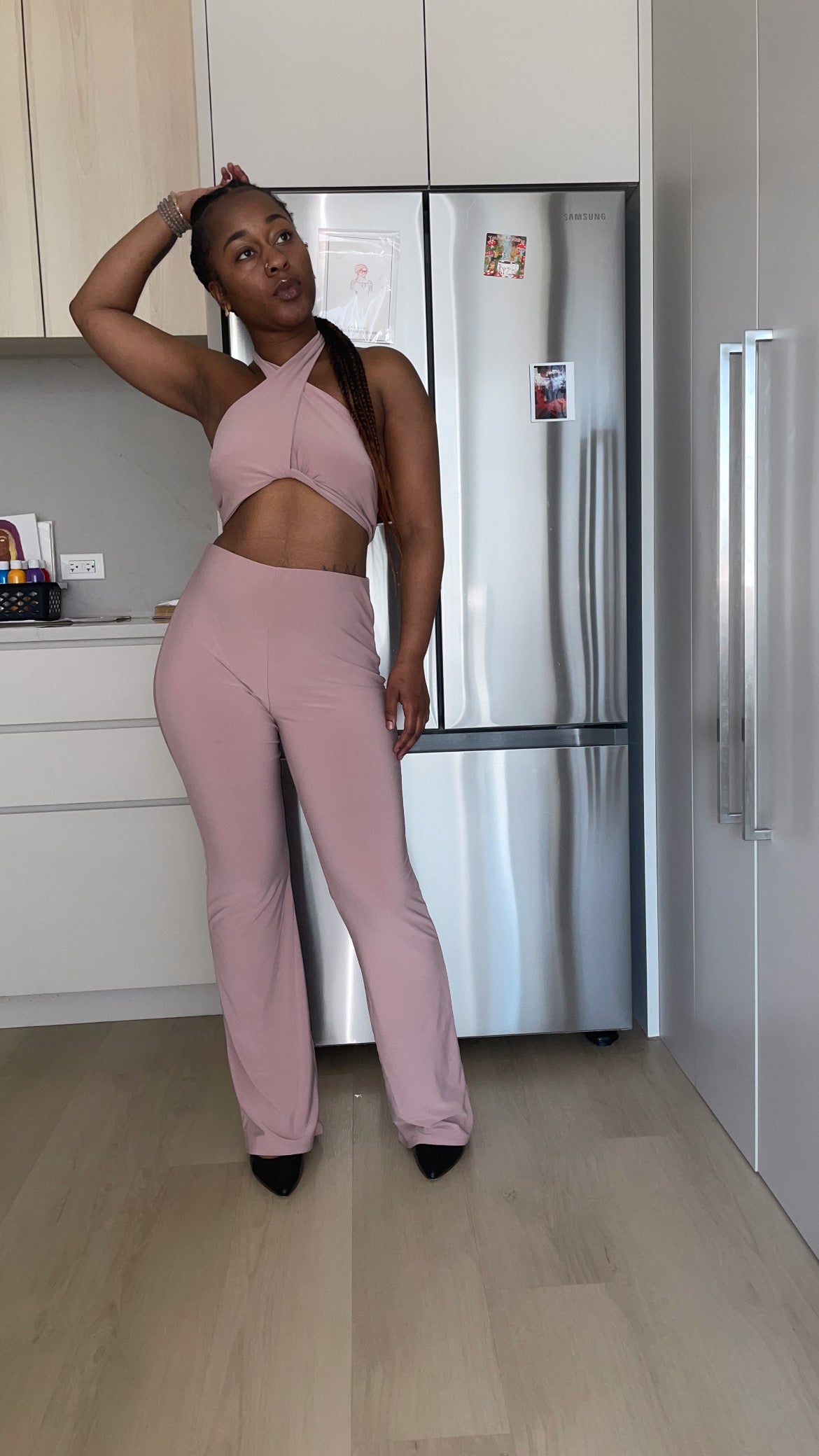 Solid Halter Top And Elastic Leggings Set