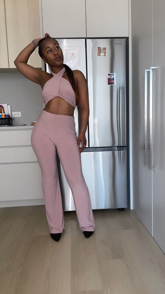 Solid Halter Top And Elastic Leggings Set