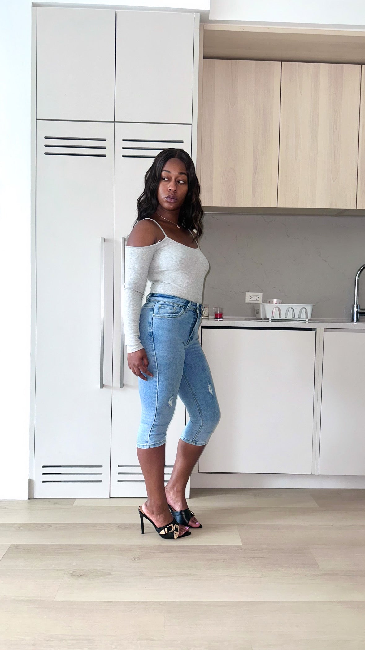 Heather Grey Ribbed Off-the-shoulder Long Sleeve Bodysuit