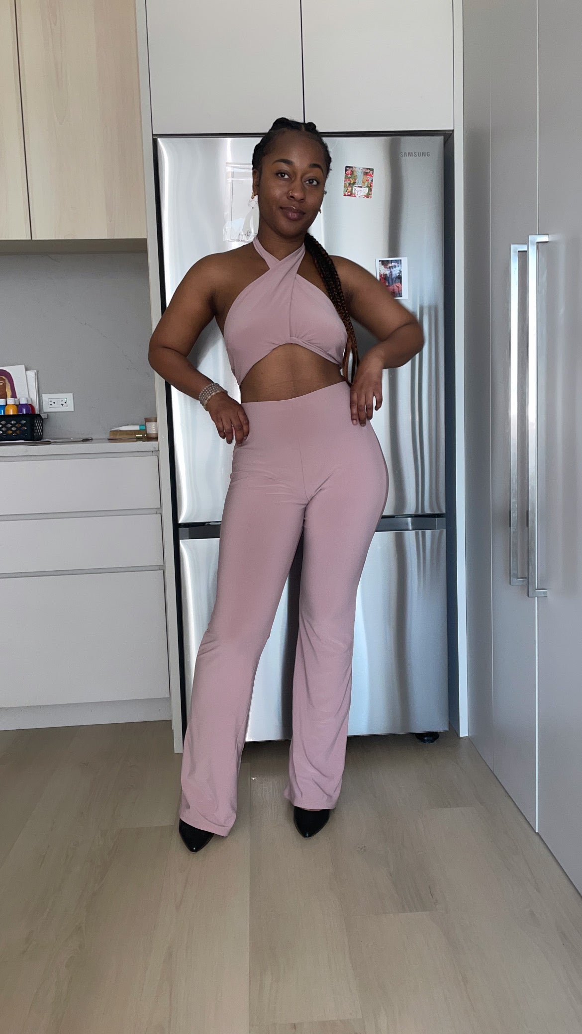 Solid Halter Top And Elastic Leggings Set