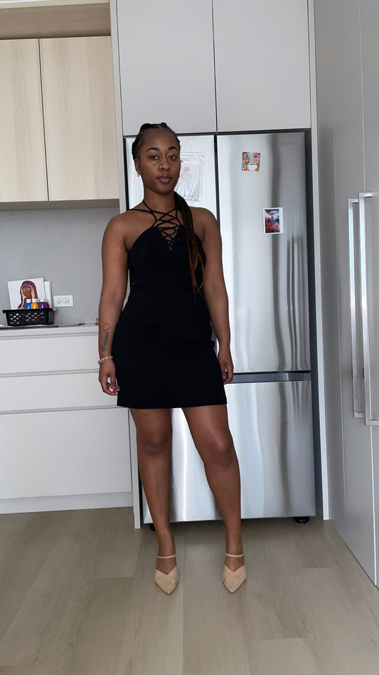 Black Slim Fit Sleeveless V-neck Front Corset Inspired Tie-up Detail Cocktail Mini Dress