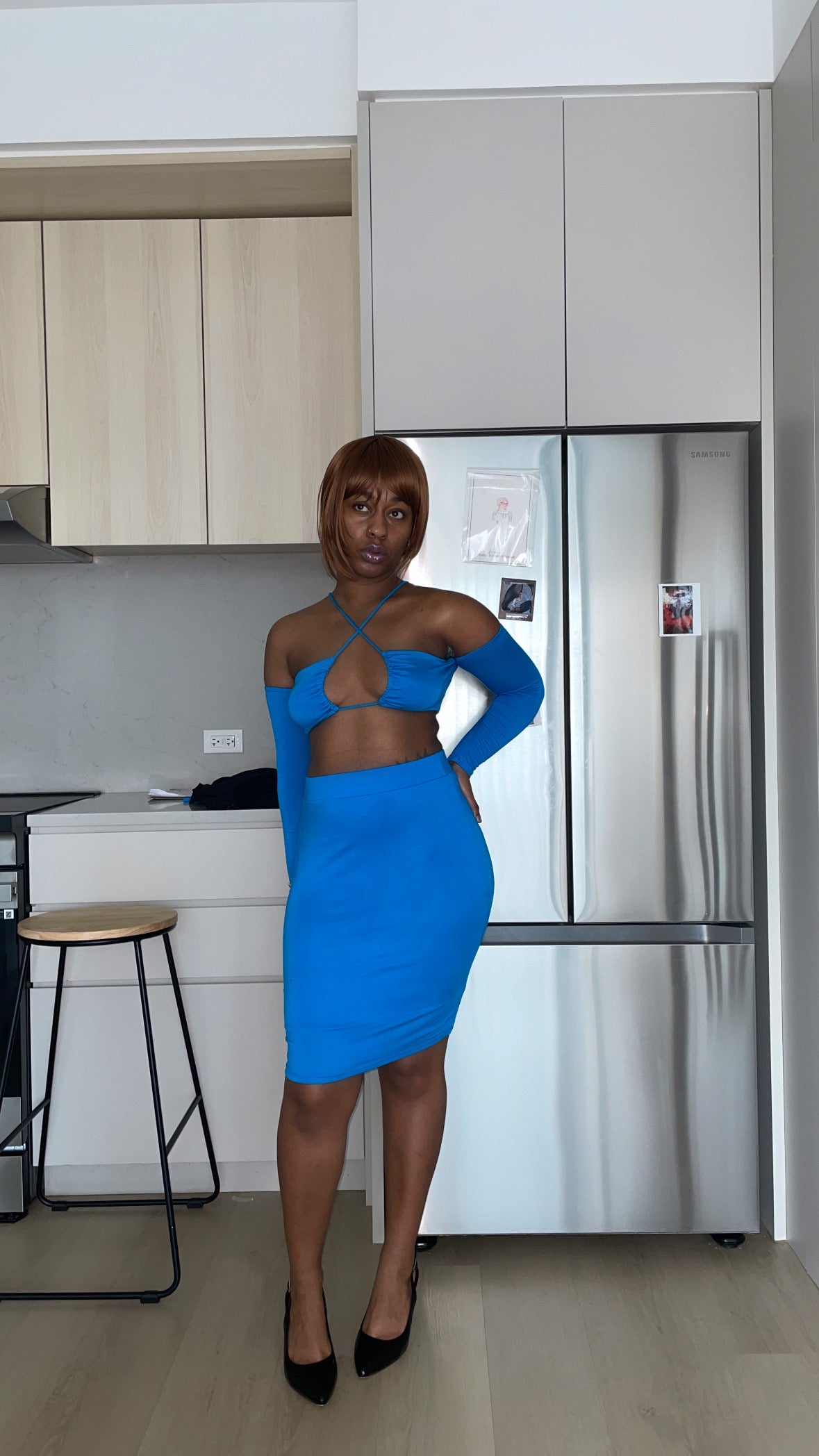 Solid Rayon Spandex Spaghetti Strap Halter Neck Off The Shoulder Top And Skirt 2 Piece Set