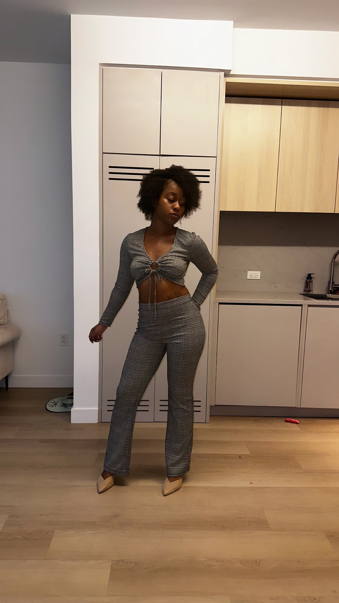 Plaid Cut-out Long Sleeve Top & Pants Set