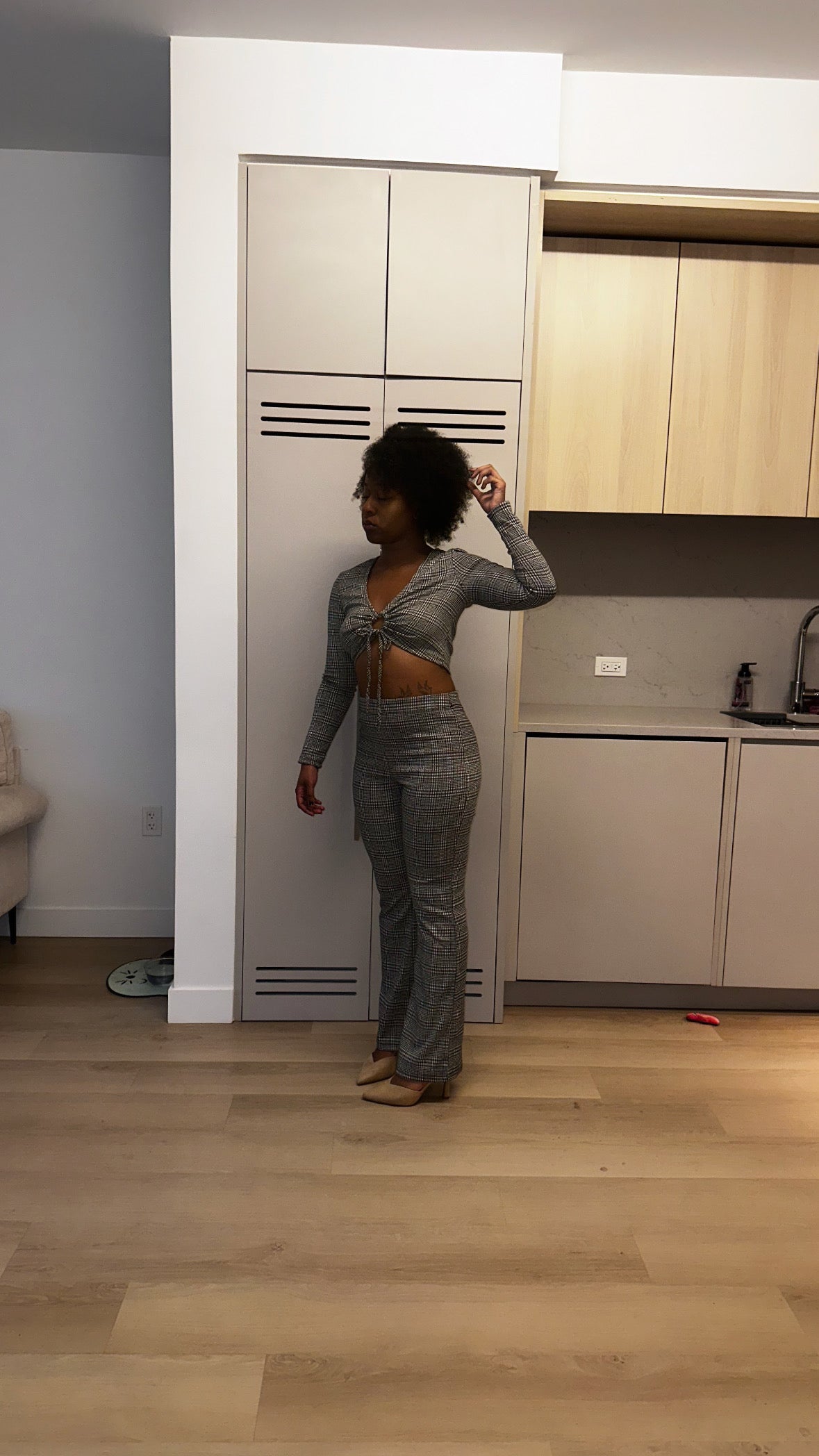 Plaid Cut-out Long Sleeve Top & Pants Set