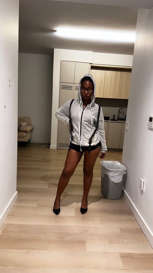 Belt & Reversed Details Zip-up Hooded Sweater