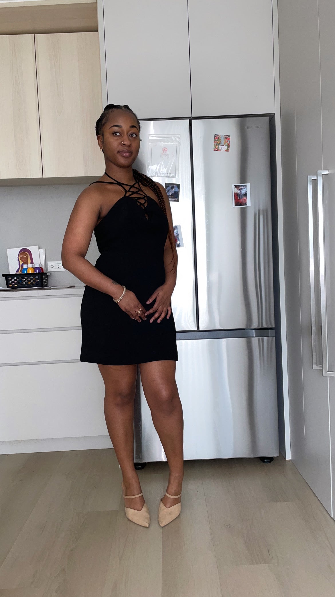 Black Slim Fit Sleeveless V-neck Front Corset Inspired Tie-up Detail Cocktail Mini Dress