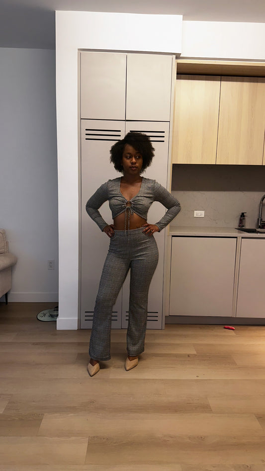 Plaid Cut-out Long Sleeve Top & Pants Set