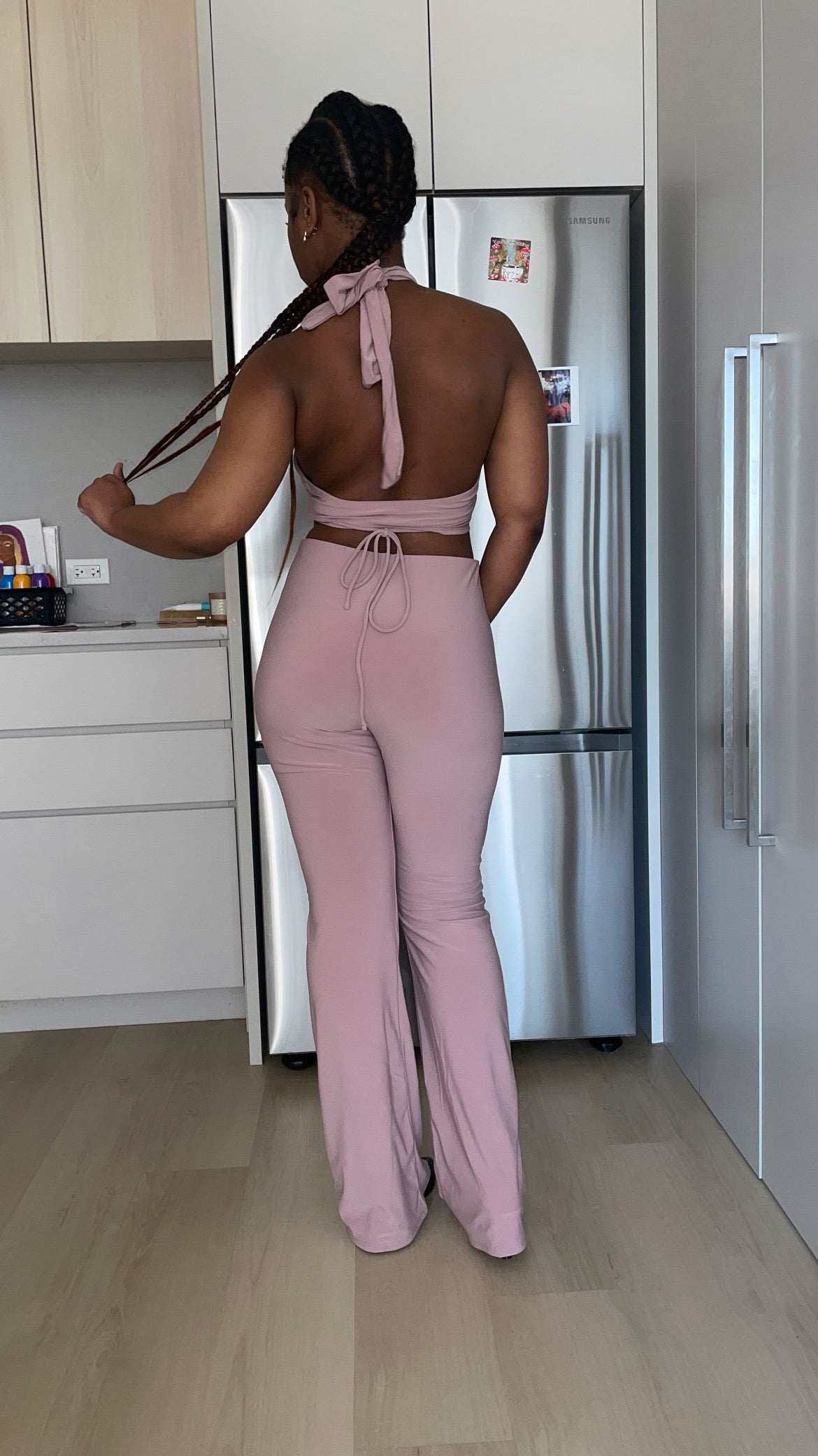 Solid Halter Top And Elastic Leggings Set